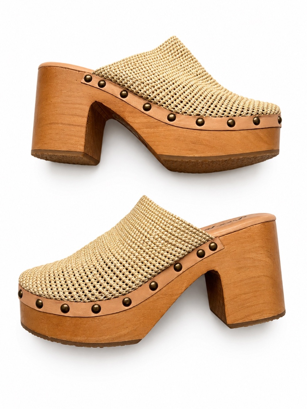Free People Claudia Crochet Raffia Leather Studded Clogs Natural US 8.5 BNIB - Picture 4 of 11